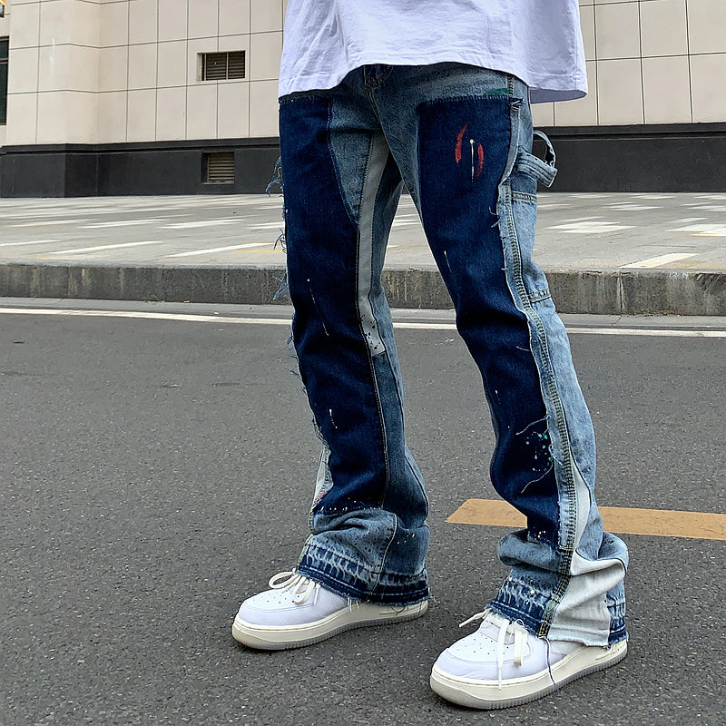 Vintage Distressed Splash Ink Flare Jeans for Men