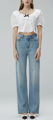 Women's Ripped Straight Leg Cat Whisker Denim Jeans