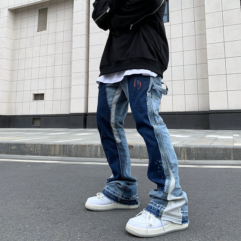 Vintage Distressed Splash Ink Flare Jeans for Men