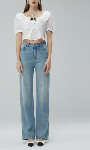 Women's Ripped Straight Leg Cat Whisker Denim Jeans